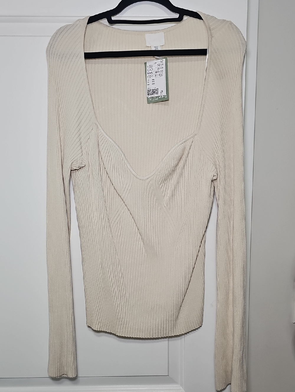 H&M Cream Ribbed Long-Sleeve Scoop Neck Top